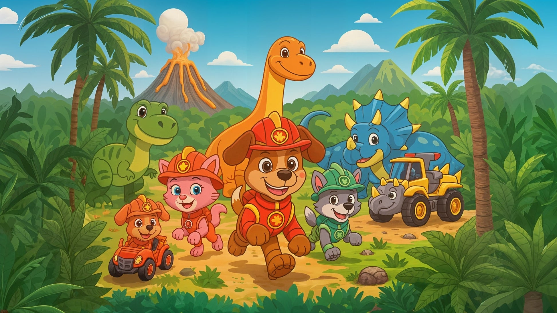Flat artwork preview of the Kids-Mundo rescue pup dinosaur jungle adventure wall mural