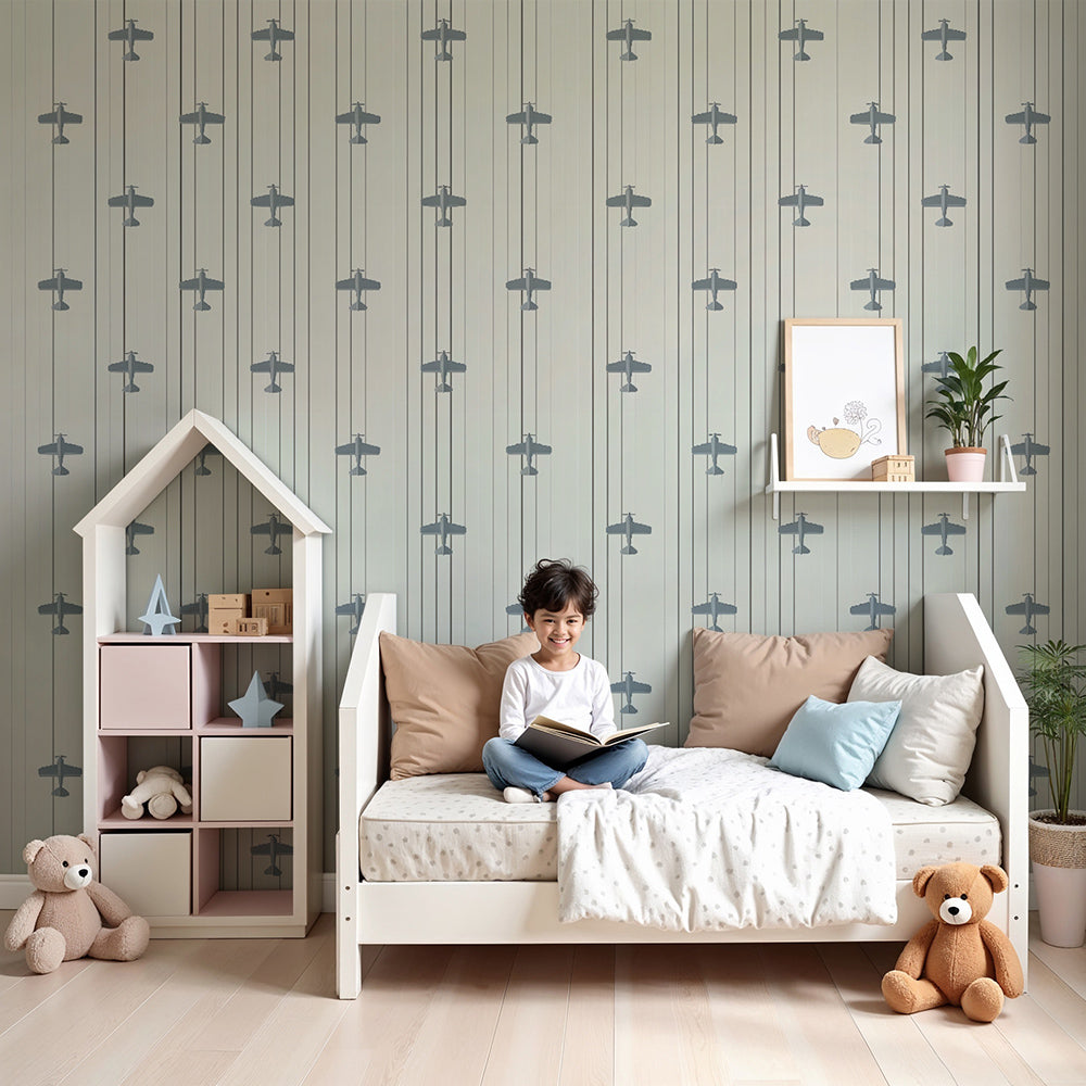 Kids-Mundo retro aeroplane wall mural in soft cream and grey for a calm nursery.