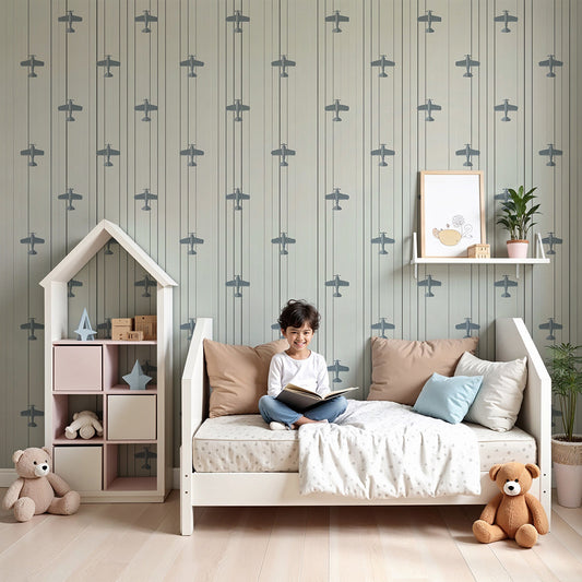 Kids-Mundo retro aeroplane wall mural in soft cream and grey for a calm nursery.