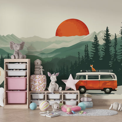 Kids-Mundo camper van wall mural covering a feature wall in a child's adventure-themed bedroom.