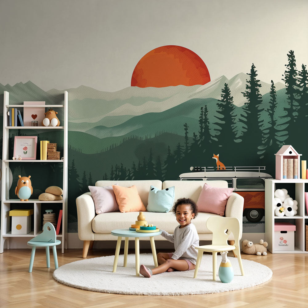 Kids-Mundo retro camper van sunset wall mural styled above a cot in a soft, adventure-themed nursery.