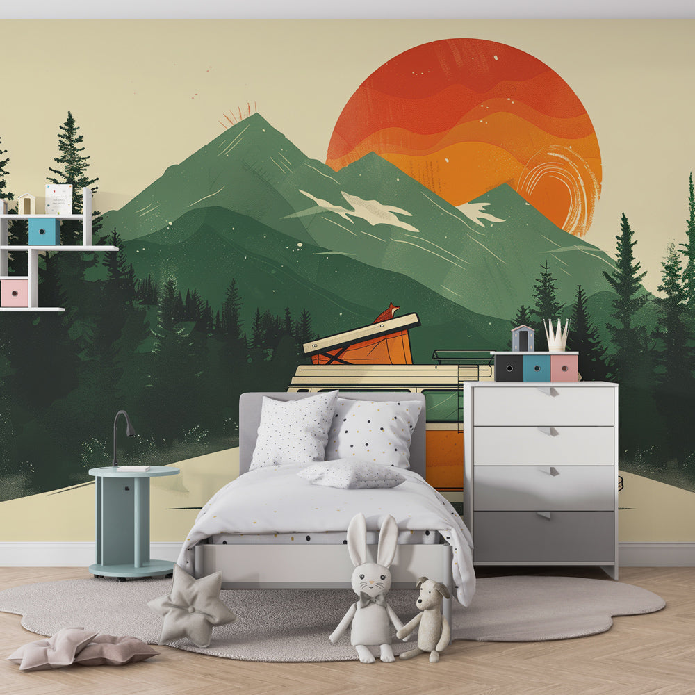 Retro mountain sunset wall mural with camper van in a playroom, Kids-Mundo