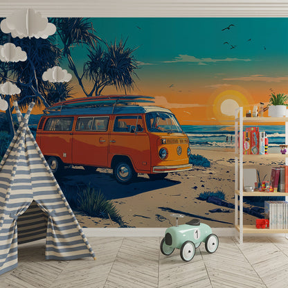 Kids-Mundo campervan wall mural covering a kids bedroom wall behind a bed and shelving