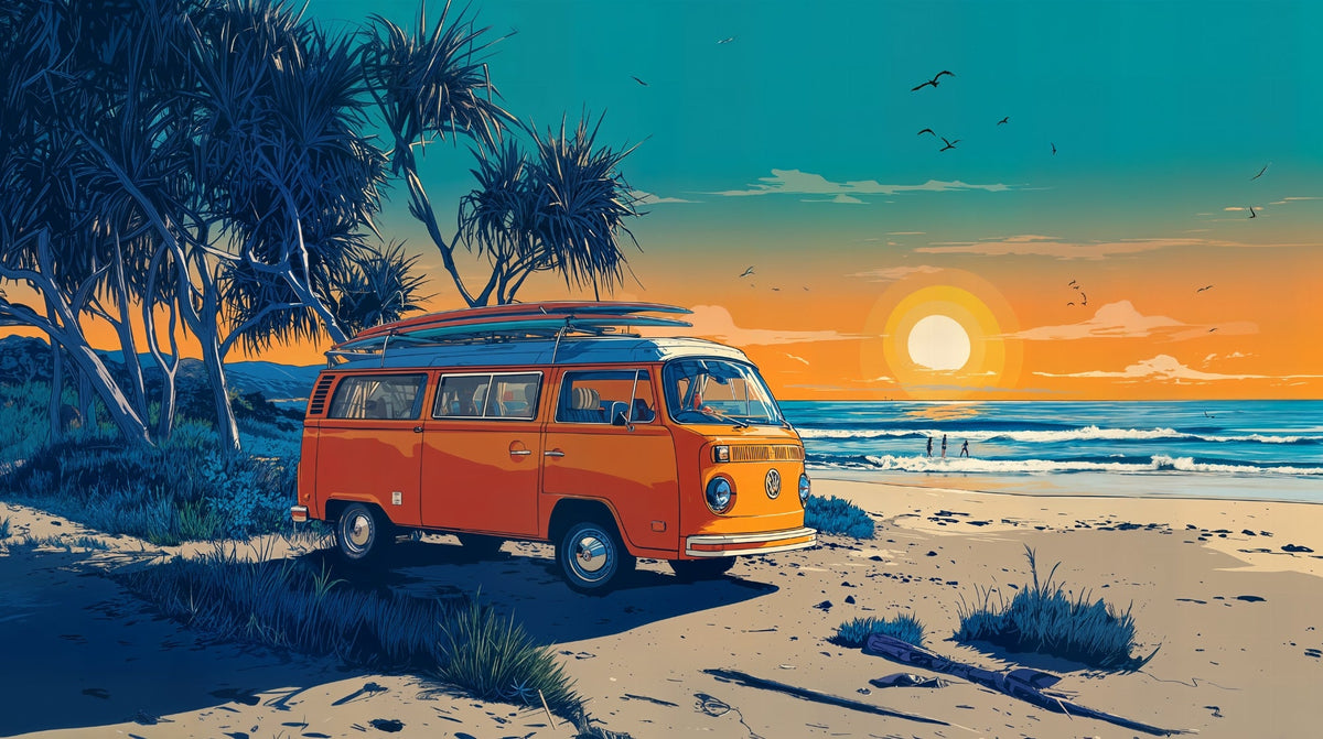 Retro Campervan Sunset Beach Wall Mural