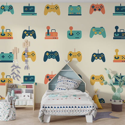 Kids-Mundo retro console pattern wall mural in a tween or teen games room
