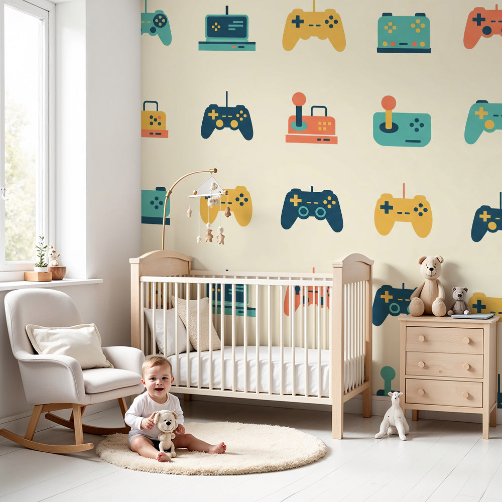 Kids-Mundo retro game controller wall mural in a bright kids bedroom setting