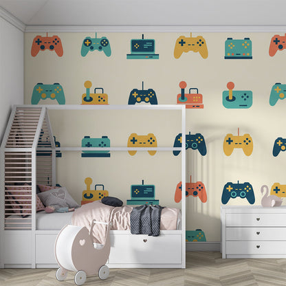 Kids-Mundo gaming wall mural with retro controllers in a fun children's playroom