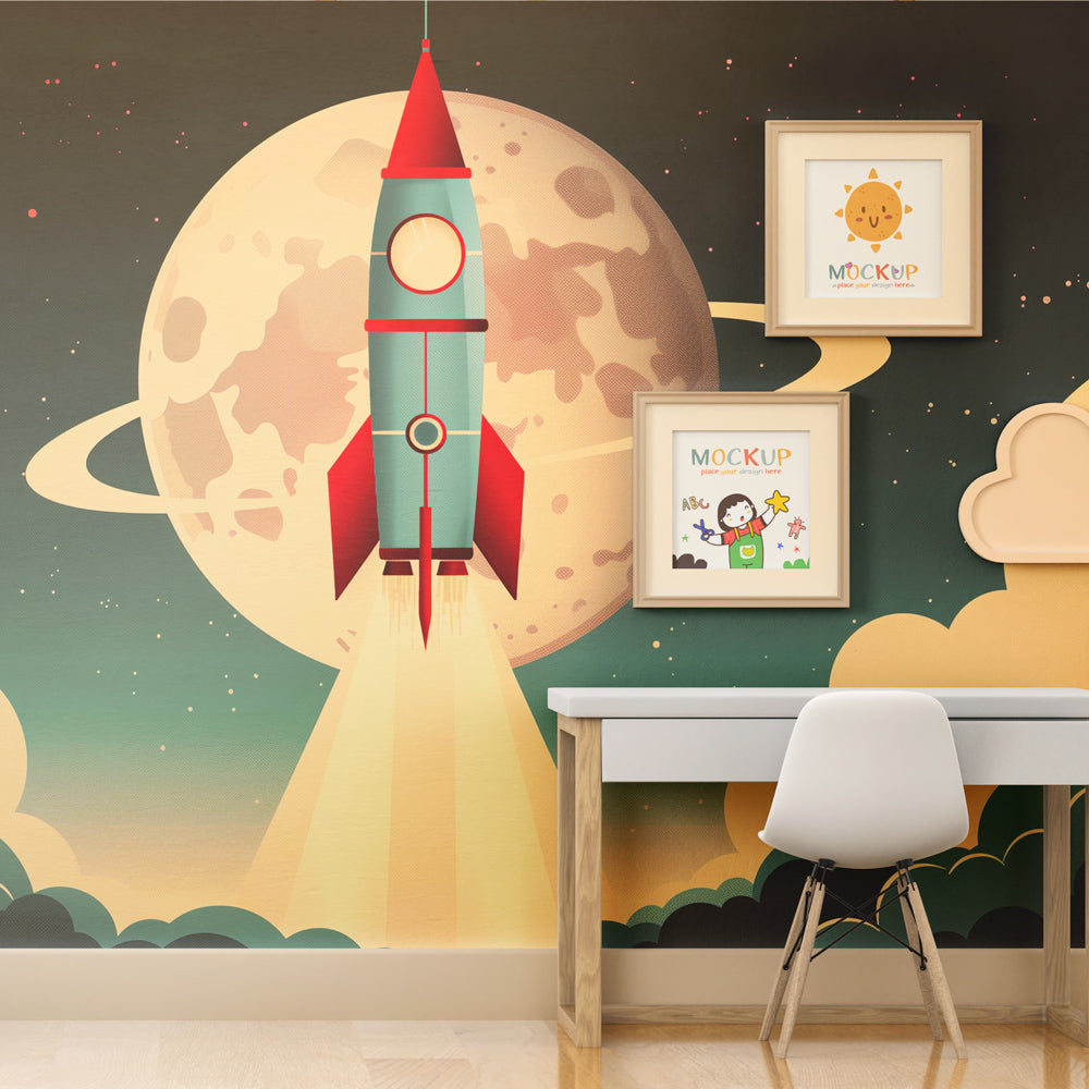 Kids-Mundo retro space rocket wall mural covering a feature wall in a young child's bedroom