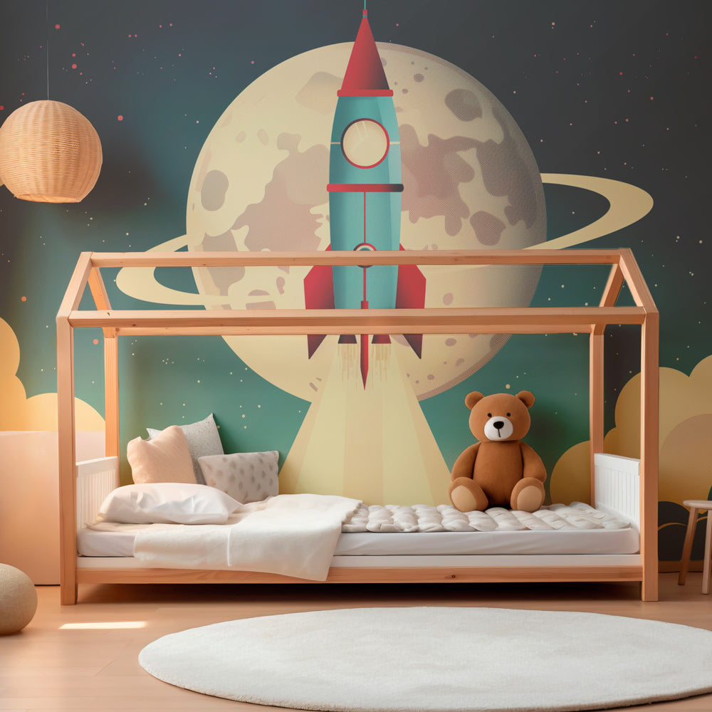 Kids-Mundo rocket and ringed moon wall mural bringing a launch-day scene to a children's playroom