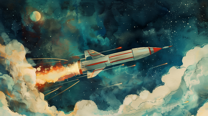 Kids-Mundo flat artwork of a retro rocket blazing through a starry watercolour sky.