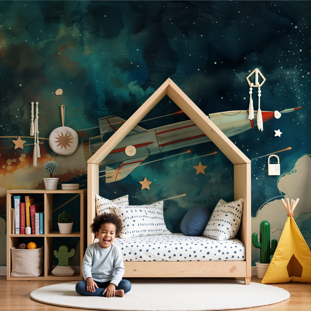 Kids-Mundo retro rocket wall mural in a starry night sky, made to measure for a nursery.