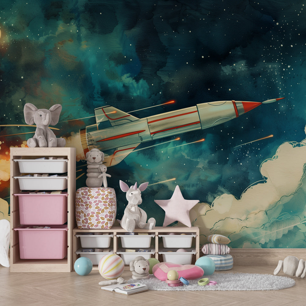 Kids-Mundo retro space rocket wall mural adding cosmic adventure to a playroom.