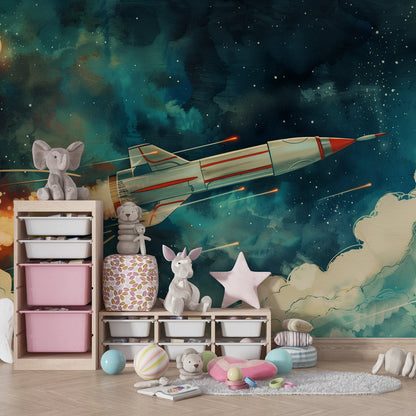 Kids-Mundo retro space rocket wall mural adding cosmic adventure to a playroom.