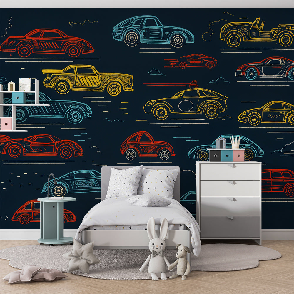 Kids-Mundo cars wall mural covering a feature wall in a colourful kids bedroom with toy cars