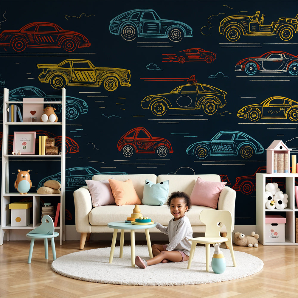 Kids-Mundo retro sketch cars wall mural fitted above a bed in a boy's navy bedroom