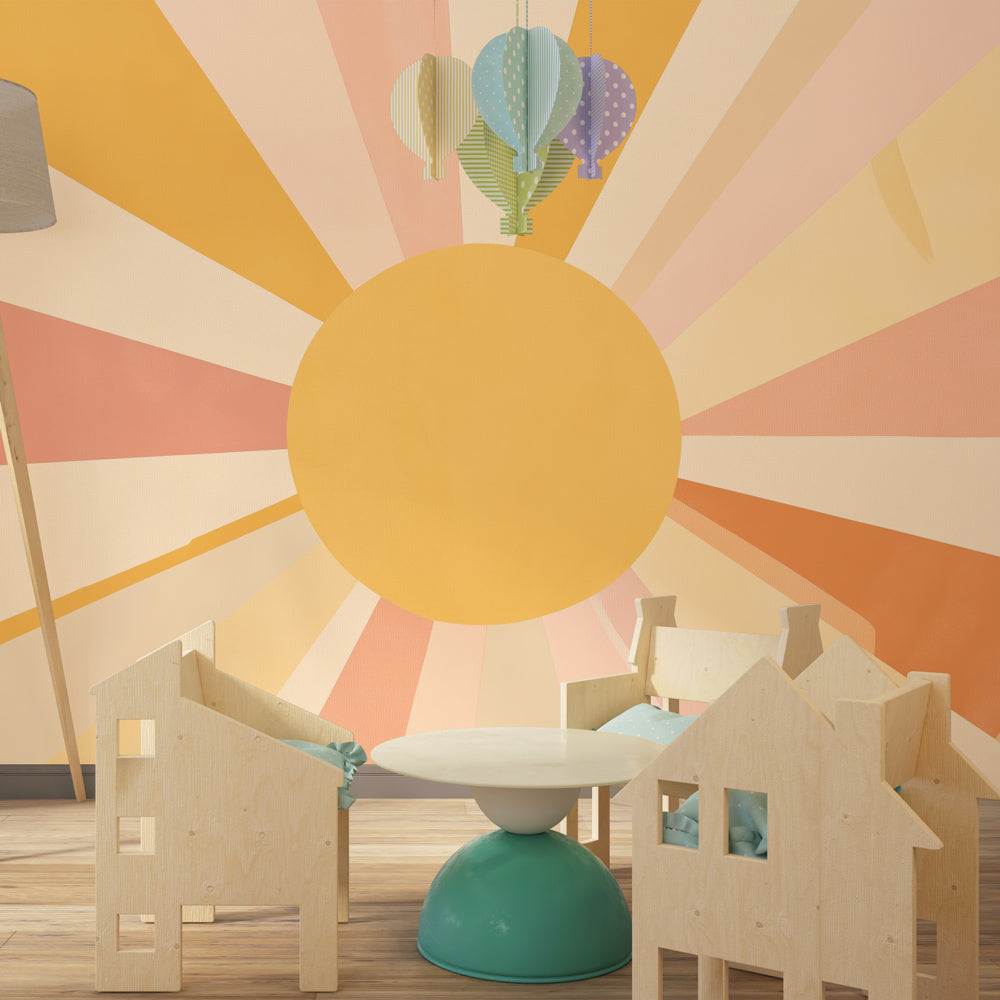 Kids-Mundo vintage sunburst wall mural adding a cheerful accent wall in a kids bedroom