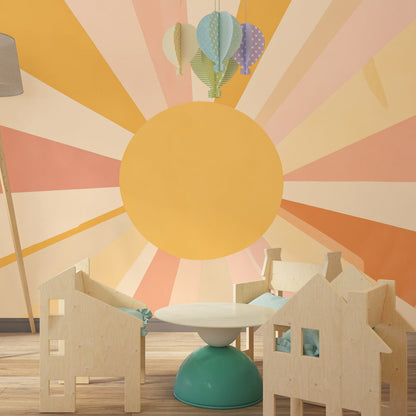 Kids-Mundo vintage sunburst wall mural adding a cheerful accent wall in a kids bedroom
