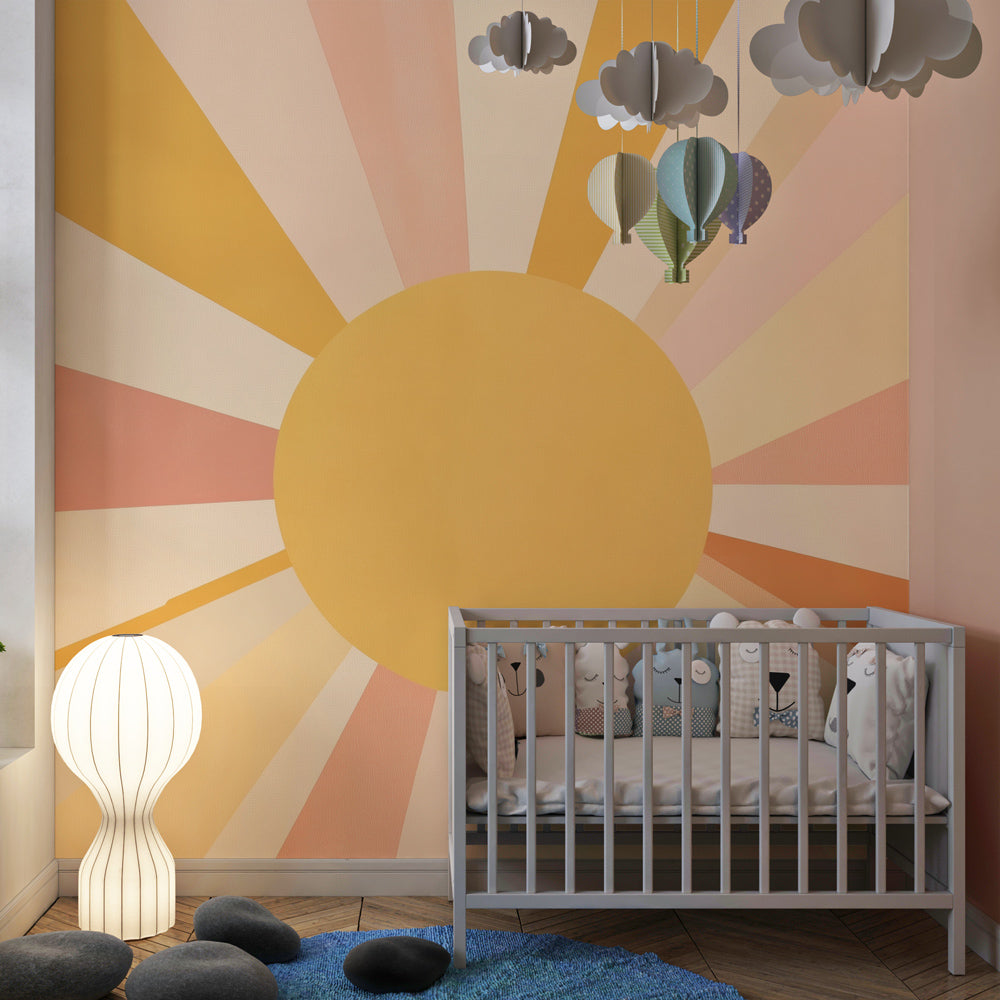 Kids-Mundo sunburst wall mural bringing retro warmth to a children's playroom wall