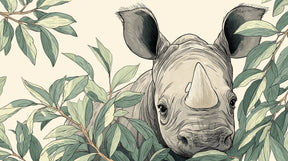 Detailed rhino jungle mural wallpaper design pattern with lush tropical foliage by Kids-Mundo