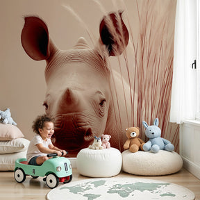 Baby rhino mural wallpaper creating peaceful nursery decor with natural foliage design by Kids-Mundo