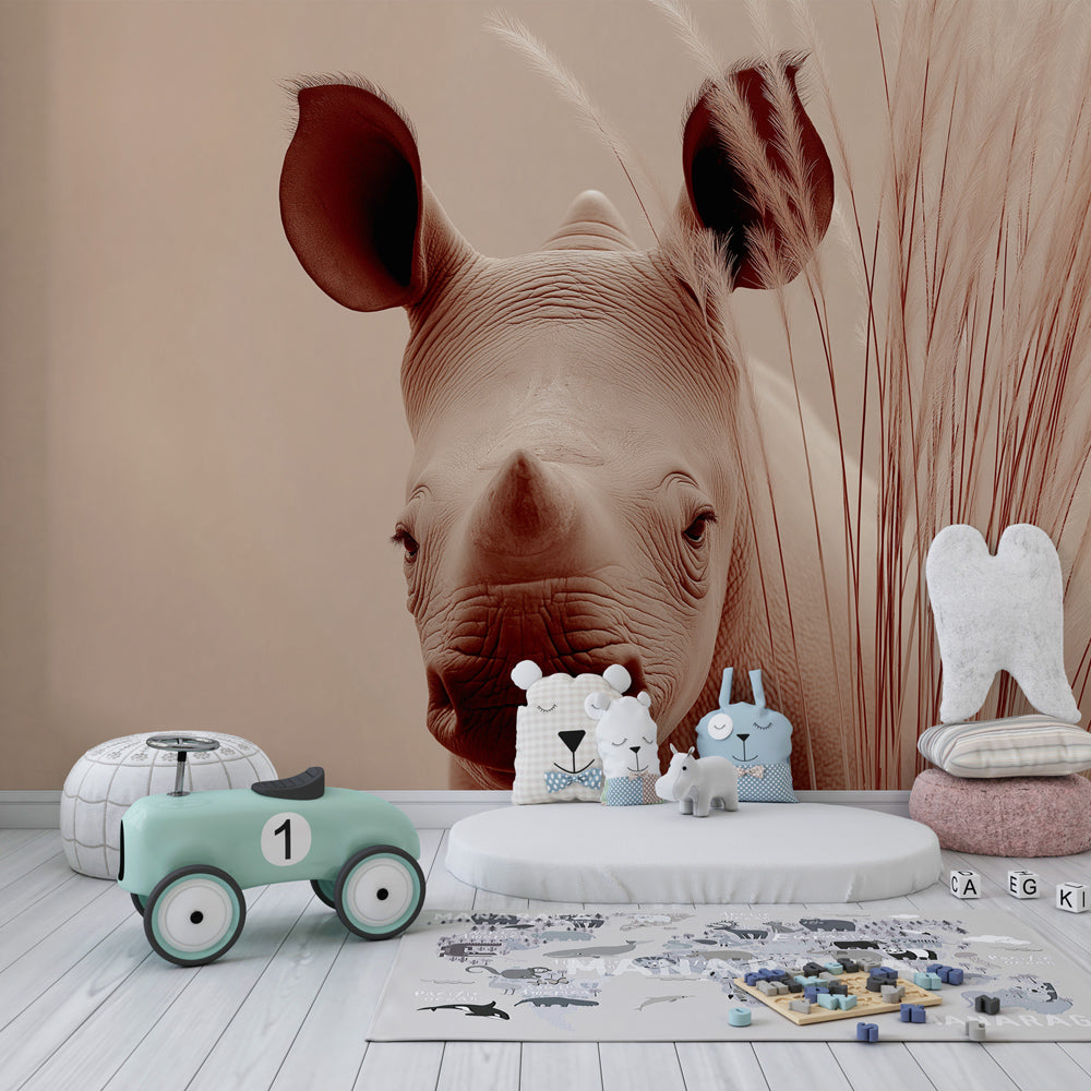 Animal-themed rhino wallpaper transforming playroom into wildlife sanctuary for toddlers