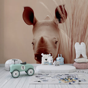 Animal-themed rhino wallpaper transforming playroom into wildlife sanctuary for toddlers