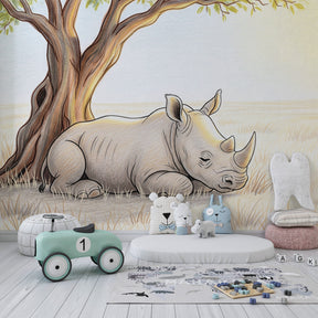 Safari animal mural wallpaper transforming kids bedroom with gentle rhino under tree design