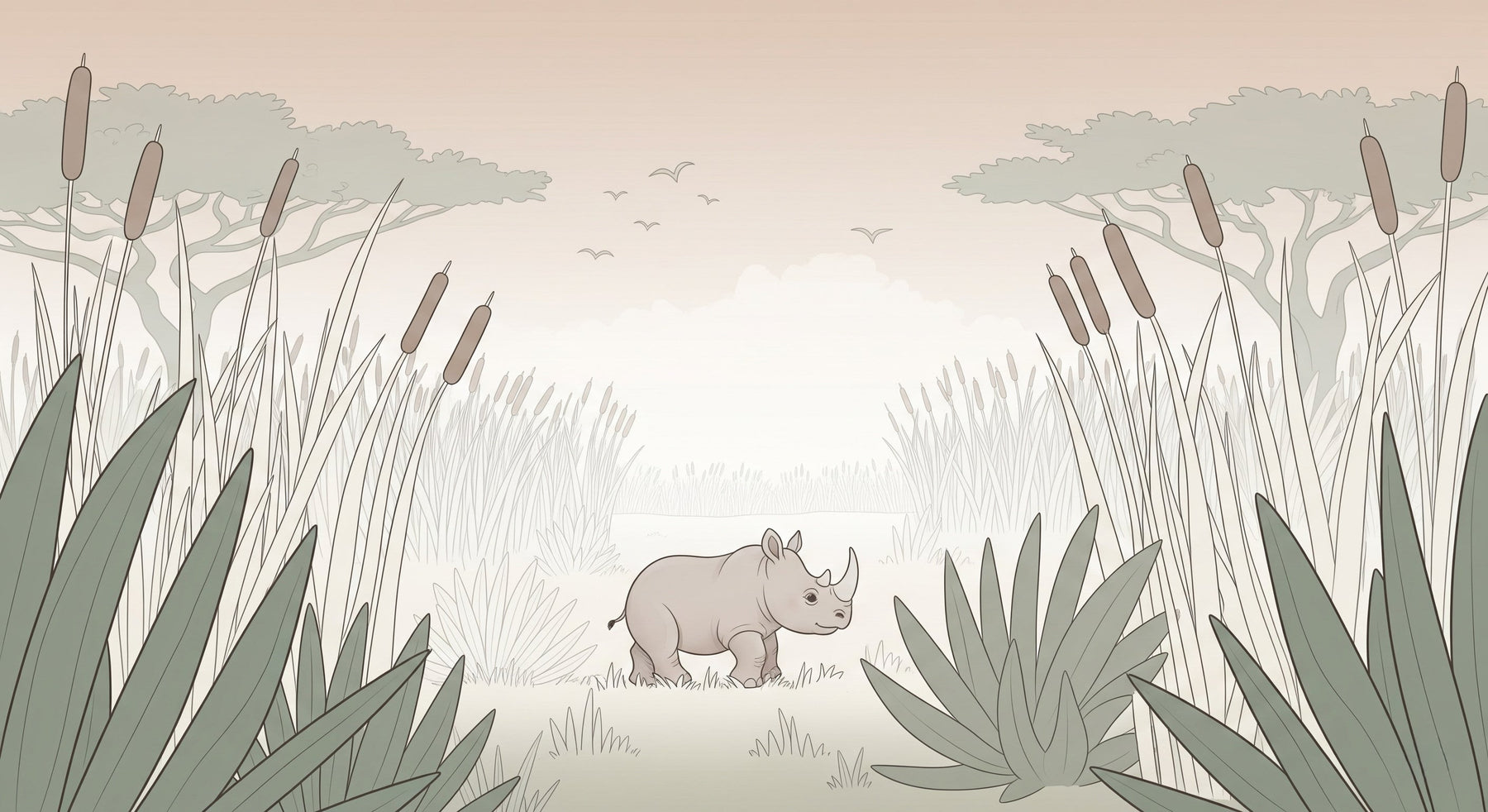 Detailed rhino and savanna mural wallpaper design pattern with pastel tones by Kids-Mundo