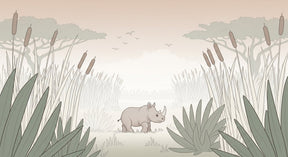Detailed rhino and savanna mural wallpaper design pattern with pastel tones by Kids-Mundo