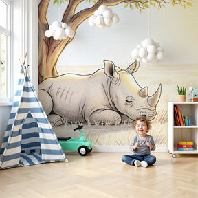 Peaceful rhino safari mural wallpaper creating serene nursery decor with natural wooden furniture by Kids-Mundo
