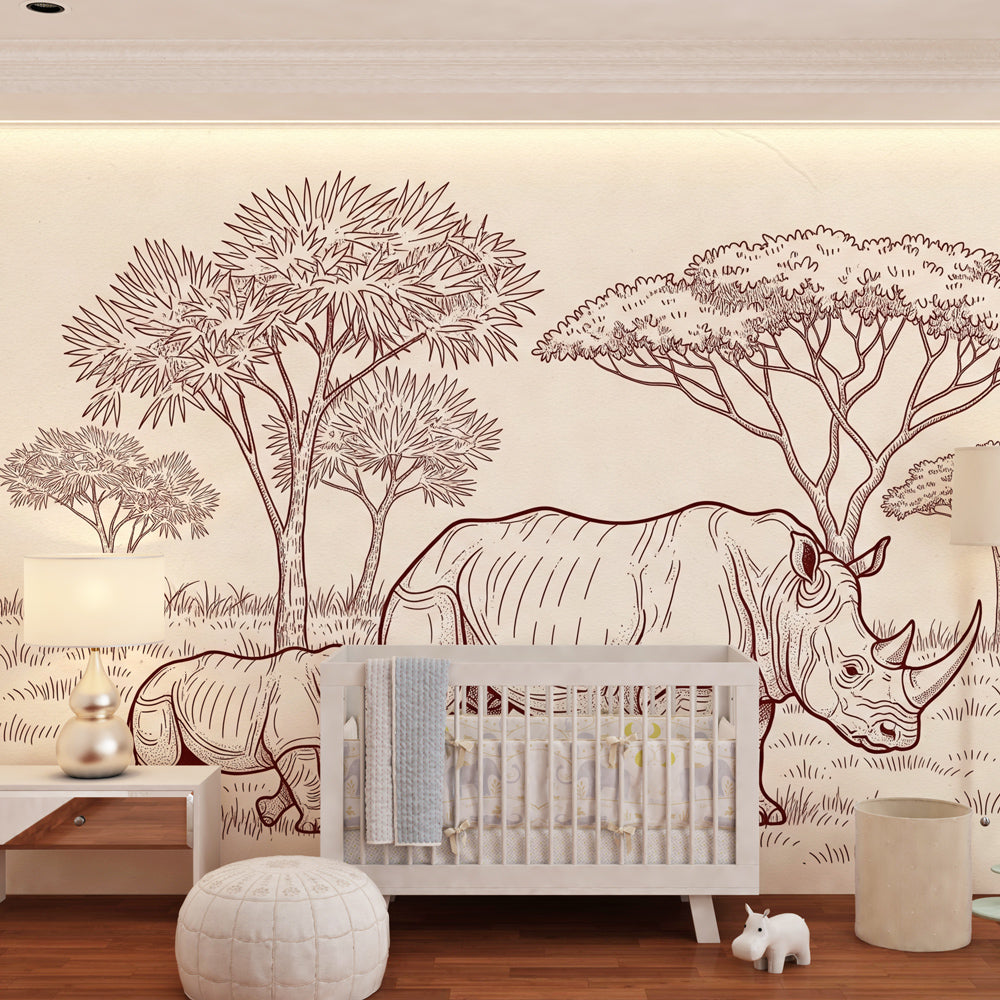 Safari rhinoceros wallpaper transforming children's bedroom with vintage animal illustrations