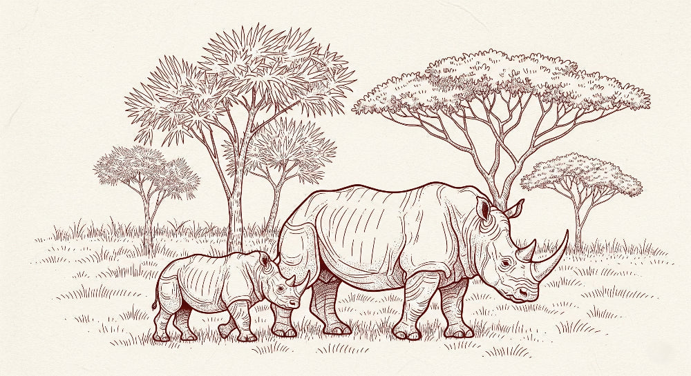 Detailed rhinoceros safari mural wallpaper design pattern showing mother and baby rhino by Kids-Mundo
