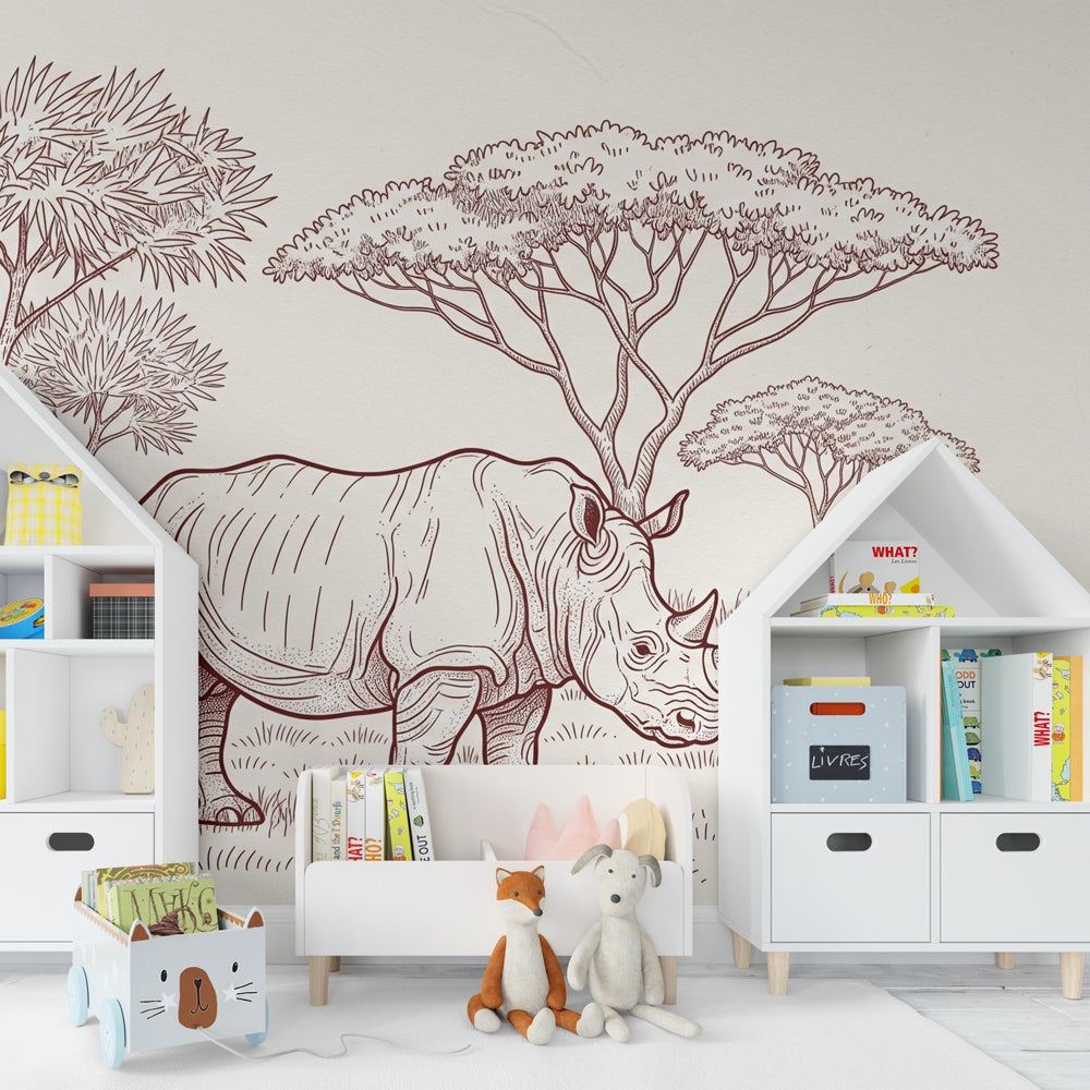 Elegant rhino mural wallpaper for kids room featuring African savanna wildlife scene by Kids-Mundo