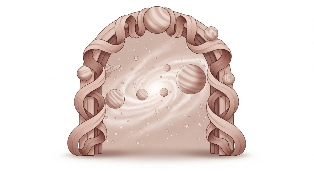 Kids-Mundo flat artwork of a twisted ribbon arch framing a spiral galaxy and planets.