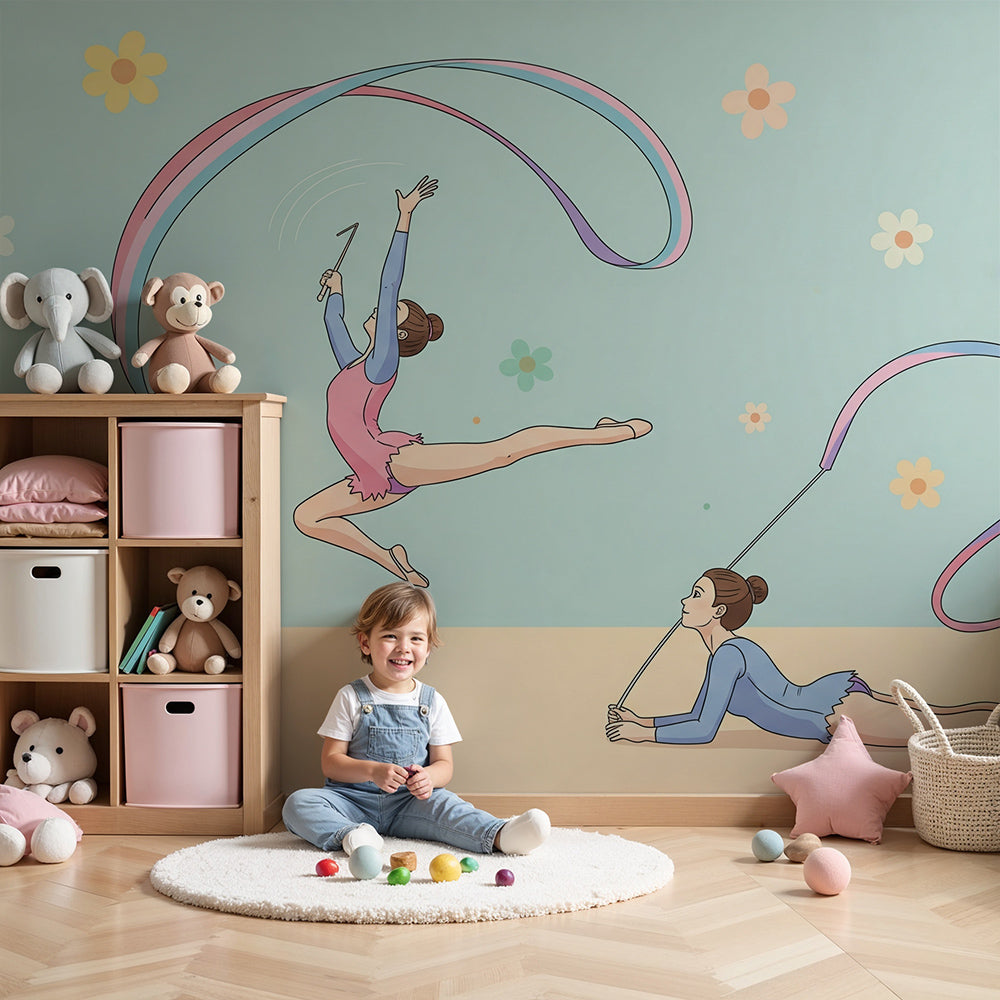 Kids-Mundo ribbon gymnast wall mural styled in a soft mint-green nursery room