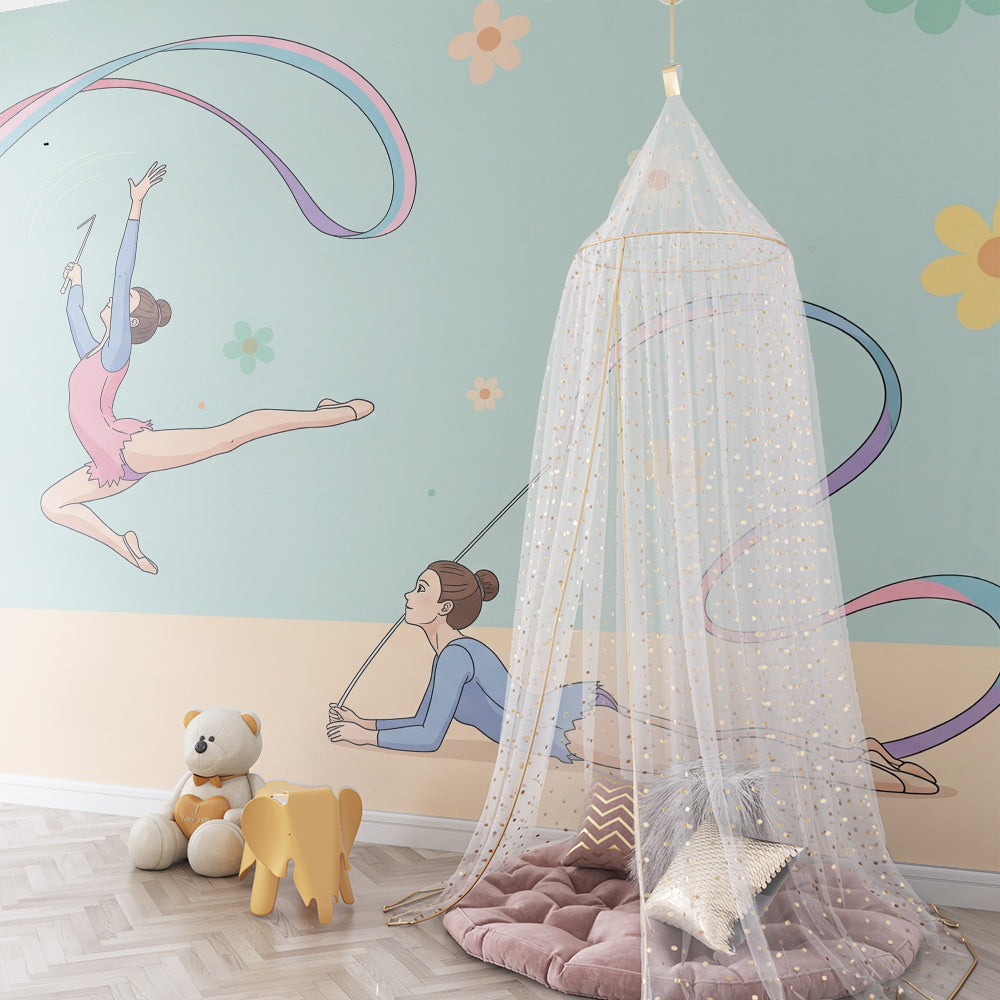 Kids-Mundo ribbon dancer wall mural brightening a calm, playful children's playroom