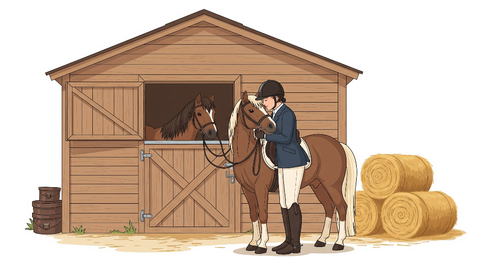 Kids-Mundo flat artwork of a young rider and pony beside a wooden stable wall mural design