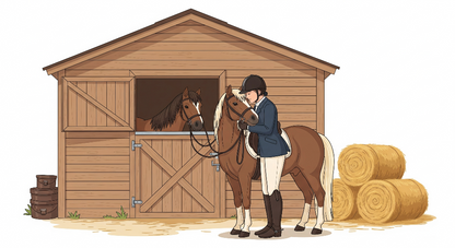 Kids-Mundo flat artwork of a young rider and pony beside a wooden stable wall mural design