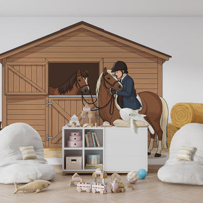 Kids-Mundo wooden stable wall mural with pony fitted along a children's playroom wall