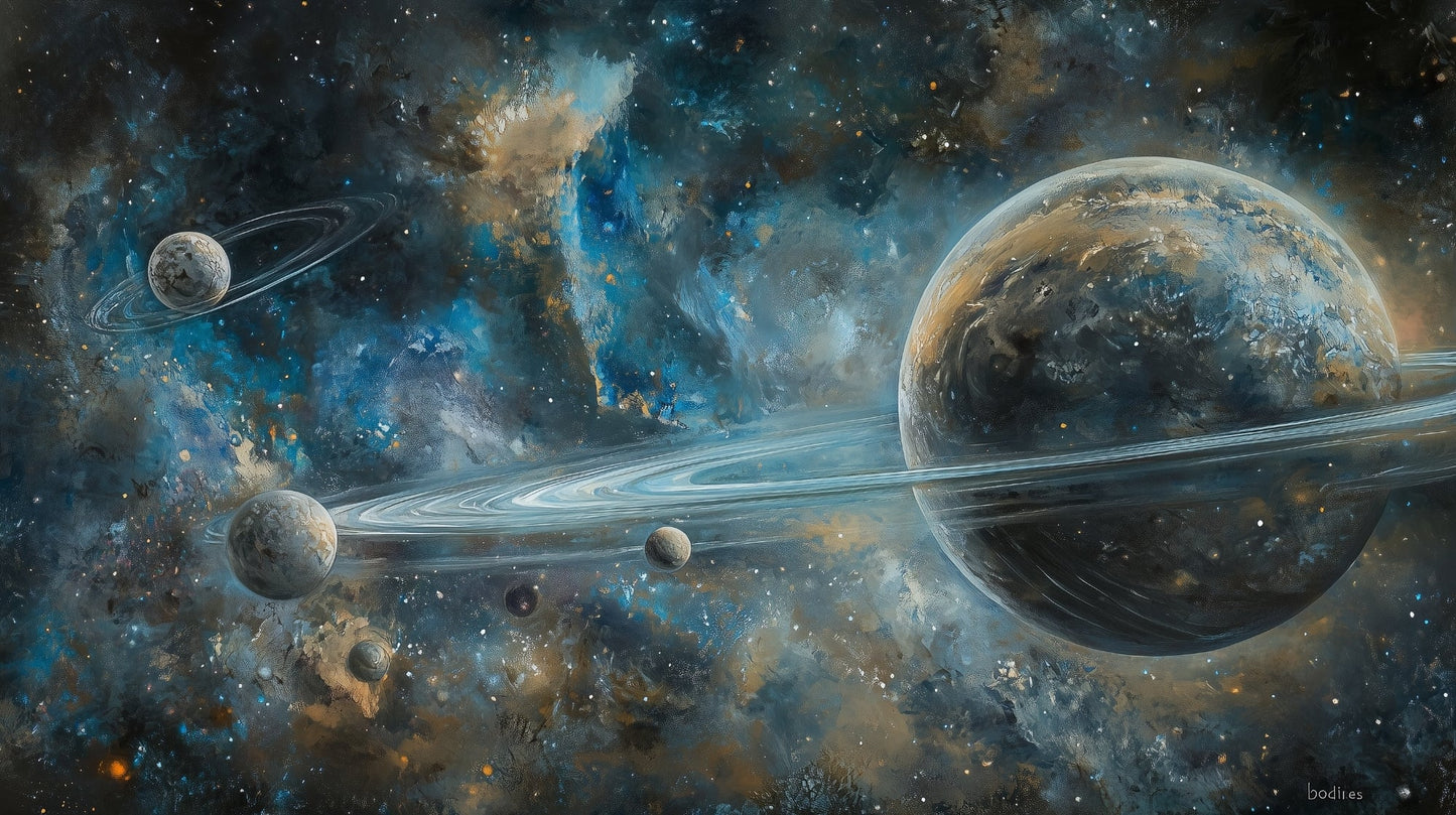 Kids-Mundo flat artwork of a giant ringed planet in a blue and gold nebula