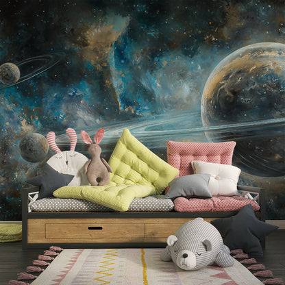 Kids-Mundo painterly ringed planet nebula mural in a bright shared playroom