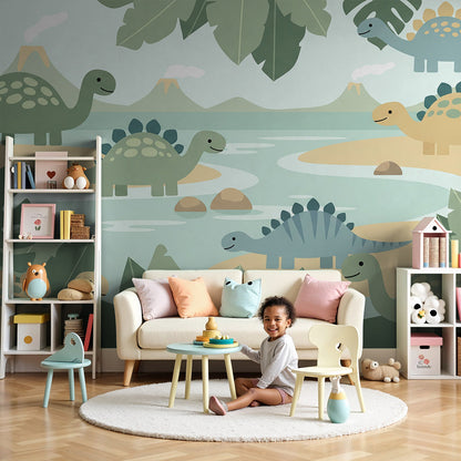 Kids-Mundo dinosaur river wetlands mural in a calm sage-toned nursery with cot