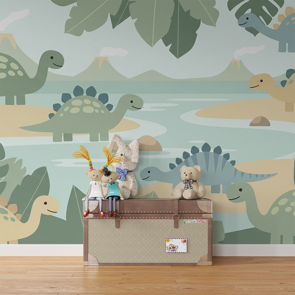 Kids-Mundo dinosaur wetlands mural covering a playroom wall with a reading nook
