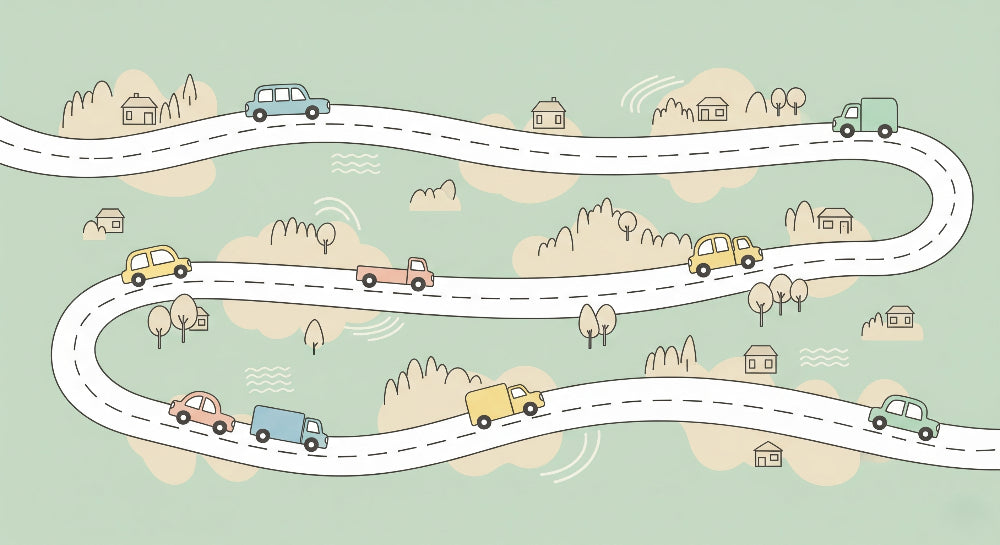Detailed road adventure mural wallpaper design pattern with colorful vehicles by Kids-Mundo