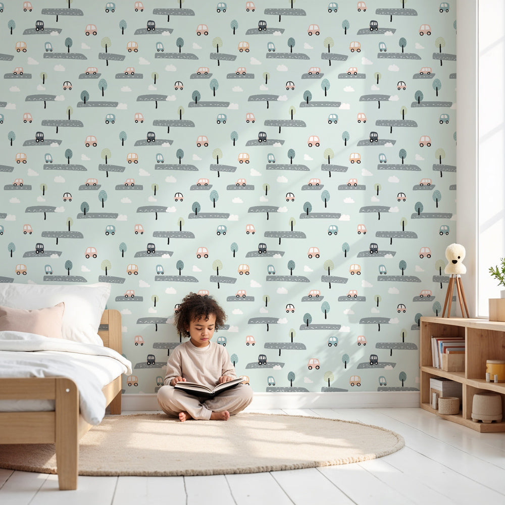 Road adventure mural wallpaper with colorful cars in modern nursery by Kids-Mundo