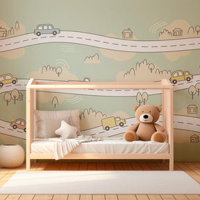Road adventure wallpaper creating imaginative toddler room with winding paths and vehicles