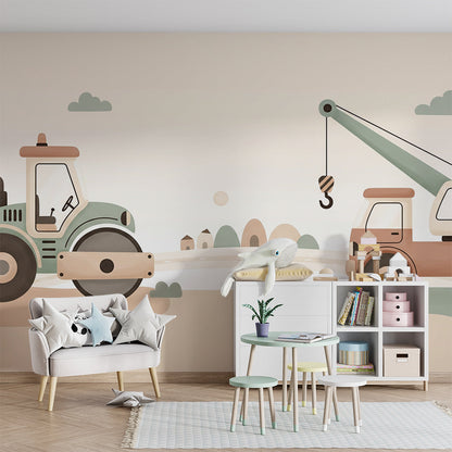 Kids-Mundo road roller and crane wall mural brightening a bright, playful children's playroom
