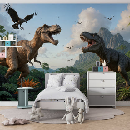 Kids-Mundo roaring T-Rex jungle wall mural covering a feature wall in a dinosaur-themed kids bedroom.
