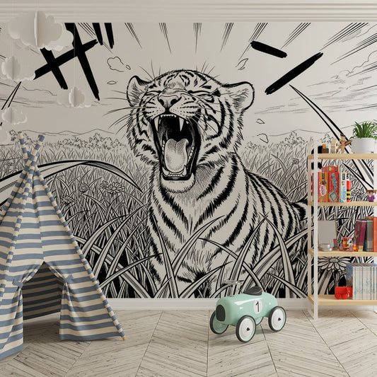 Kids-Mundo roaring tiger line art mural in a dramatic kids bedroom setting
