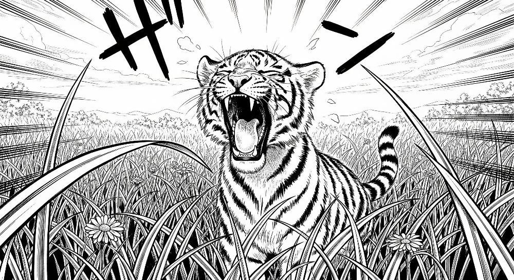 Kids-Mundo flat artwork of a roaring tiger in bold black and white linework with sun rays